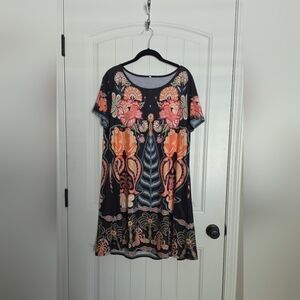 Black Short Sleve Dress with Coral Floral Pattern